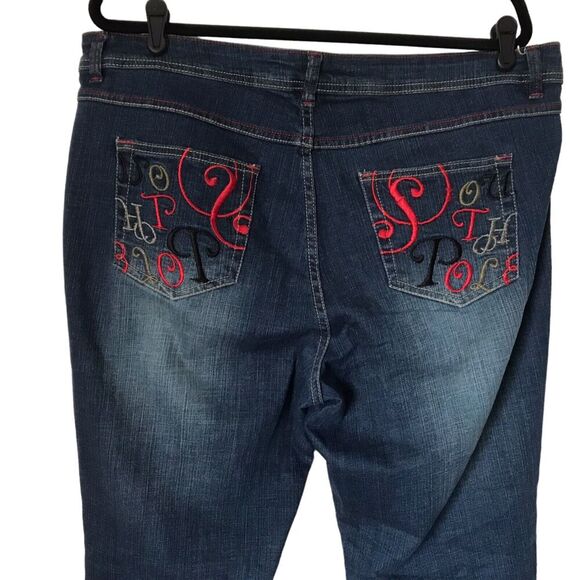 Southpole Jeans Size 18 Mid Rise Medium Wash Embroidered Pockets Red Stitching - Picture 2 of 13